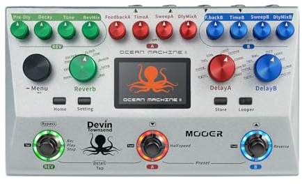 MOOER Ocean Machine II New 2024 Premium Dual Delay, Reverb and Looper Pedal Professionelles Ambient Pedal mit Global EQ für mehrere Instrumente, mit MIDI THRU, MIDI IN, EXP, F4 Wireless Footswitch