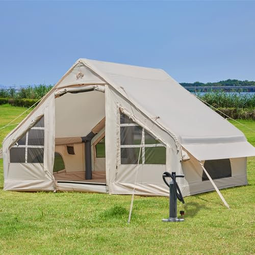 Aufblasbares Zelt mit Pumpe, 4-6 Personen Glamping Camping Zelte Haus, Easy Set Up Blow Up Familienzelte für 4 Jahreszeiten Wasserdichtes aufblasbares Zelt für Camping mit Mesh-Fenster.