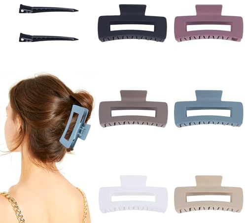 Lot de 6 grandes pinces à cheveux rectangulaires, antidérapantes, avec forte tenue, mates, pour cheveux épais, longs, bouclés, avec 2 pinces à cheveux