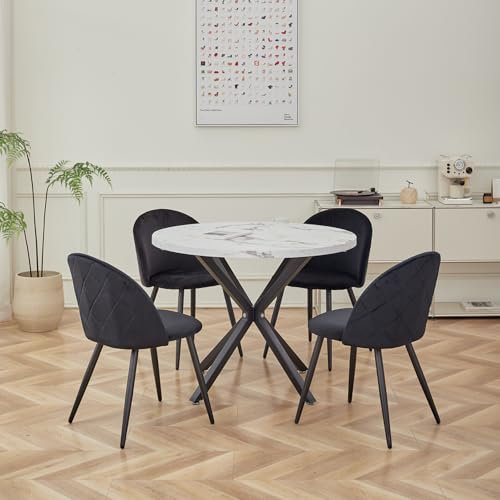 DEYARNA HOME Essgruppe Set Tisch und Stühle, Esstisch und 4 Stuhl, Samt-Esszimmerstühle, Tischplatte aus MDF, Schwarze Tischbeine, Moderner Küchentisch Set (Weiß Marmor/Schwarz, 100 * 100 * 76.5cm)