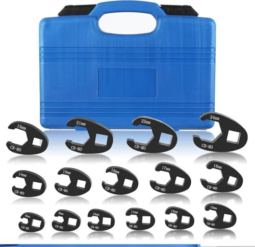 GEARCELL Crowfoot Wrench Set 15PCS Crowfoot Flare Nut Wrench Set 8 to 24 mm Sizes for 3/8” and 1/2” Drive Ratchet Nut Removal with Case