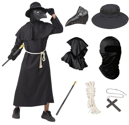 Eyoieyd Pestdoktor Kostüm Herren Set 9Pcs Erwachsene Plague Doctor Cosplay Costume für Karneval Mittelalterlicher Steampunk Pest Doktor mit Krähe Maske Zepter