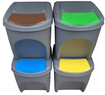 Stolmet Large Stackable Recycling Bins Set of 4x25L (Brand KrysGo) - Customizable Lids with Recycling Stickers - Waste Sorting for Home, Kitchen, Office (Grey + Multi Coloured)