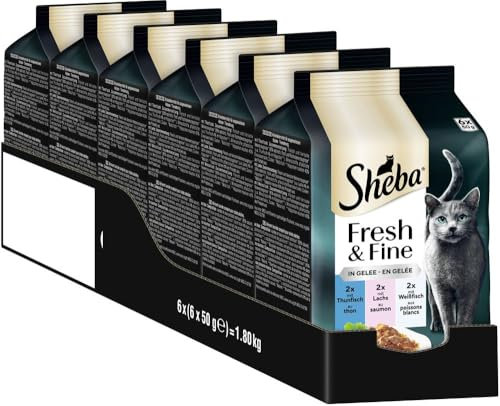 Sheba Portionsbeutel Katzennassfutter Multipack Fresh & Fine in Gelee mit Thunfisch und Lachs MSC, 6x6x50g - Gesunde Mahlzeiten für Katzen mit Gelee