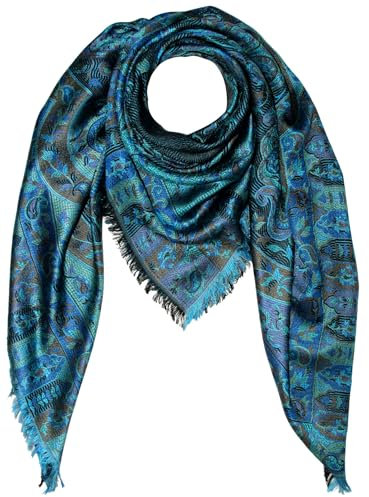 Lorenzo Cana Luxus Tuch Schaltuch XXL 120 cm x 120 cm jacquard gewebt 100% Seide Paisley Muster Seidenschal Seidentuch Türkis Blau 7867111