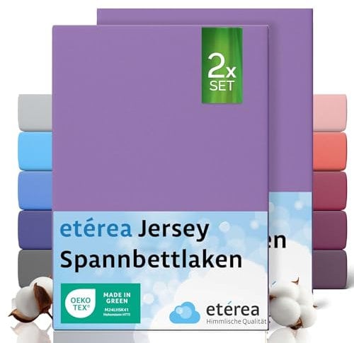 etérea Jersey 2er Set Spannbettlaken 90x200cm - 100x200cm Violett bis 25 cm Höhe - 100% Baumwolle Spannbetttuch Oekotex - Doppelpack Bettlaken 90x200 cm - 100x200 cm - Lila