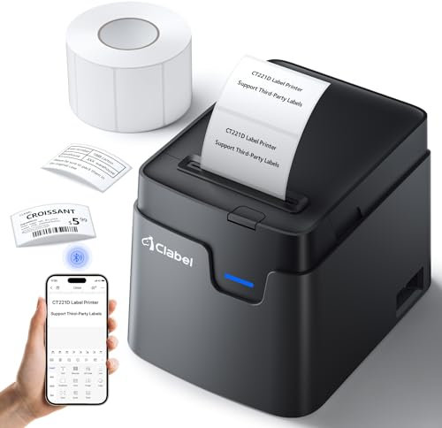 CLABEL 221D Bluetooth Etikettendrucker Tragbar Thermo Etikettiergerät Selbstklebend, Labeldrucker Kompatibel mit PC & Smartphone für Barcode Handel Preis Büro, mit 1 Rolle 50x30mm Etiketten