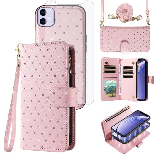 Asuwish Compatible with iPhone 11 6.1 Wallet Case Zipper Cell and Screen Protector Crossbody Strap Glitter Flip Card Holder Phone Cover for iphone11case iPhone11 i Phone11 11s XI 11R Women Rose Gold