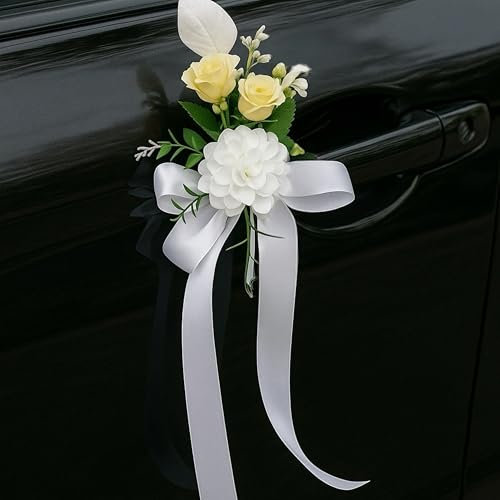 4 Stück Hochzeitsanstecker, Autoschmuck Hochzeit, Hochzeit Deko, Autoschleife mit Blumen, Wedding Decoration, Just Married (Natur)