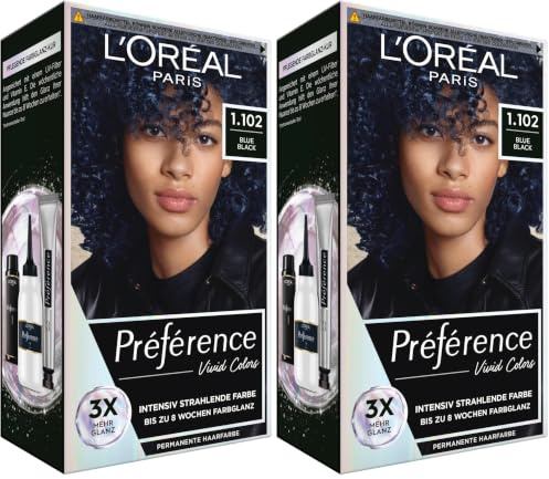 L'Oréal Paris Intensive dauerhafte Haarfarbe, Bis zu 8 Wochen glänzendes Haar und intensive Farbe, Préférence Vivid Colors, Farbe: 1.102 BLUE BLACK, 1 Stück (Packung mit 2)