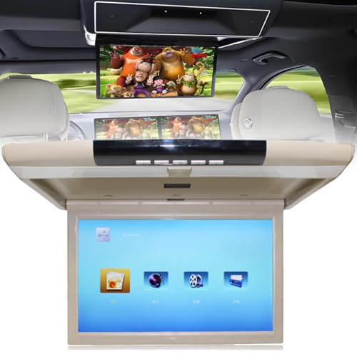 BOOZXCV Car Overhead Monitor, 17.3 Inch Wide IPS Screen Car Roof Mount DVD Player Monitor, Flip Down Overhead Car Monitor Support, USB/SD, AV, Built in Speaker,Beige (Beige)