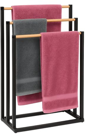 Relaxdays freestanding towel rack, HWD: 76 x 45 x 21.5 cm, metal, bamboo, 3 rods, black/natural