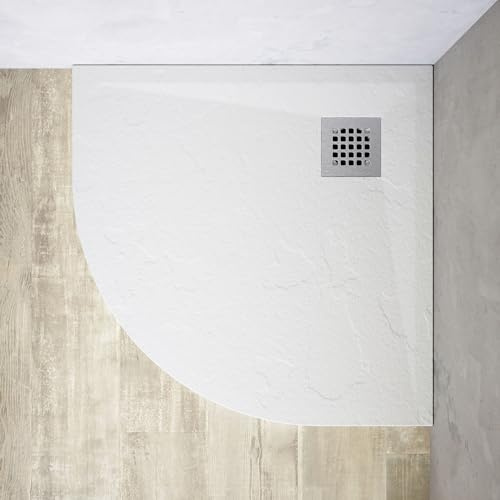 Piatto Doccia Semicircolare in Marmoresina Bianco Antiscivolo Effetto Pietra con Griglia Copripiletta h3cm (Bianco, 90x90)