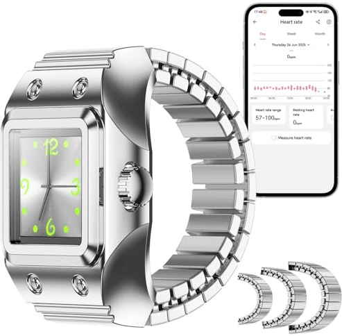 findtime Smart Ring Herren Damen Ringuhr Analog Quarz Fingeruhr Eckig Fitness Ring Herzfrequenz Schrittzähler Schlaftracker Smartringe Fitness Tracker Fitnessring Stretch Metallband Leuchtend