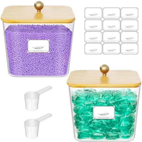 Lifewit 2700 ml Rangement Lessive en Capsules avec étiquettes et Cuillères, Récipient pour Poudre à Lessive avec Couvercle en Bambou, Boite Lessives, Rangement Buanderie Organisation, Naturel,Lot de 2