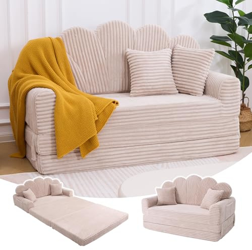 IRONCK Convertible Sofa Bed 2 Seater, Folding Floor Boneless Couch, Corduroy Fold Out Sleeper Mattress with Pillows, 153x267cm, Futon Compressed Lounger Loveseat for Living Room, Bedroom (Beige)