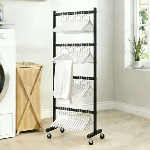 HJZALMI Support Mobile De Rangement Cintre Avec Roulettes Pivotantes | Porte-Cintres Métallique 4 Niveaux, De 110 Cintres En Fil Métallique, Solution De Rangement Peu Encombrante
