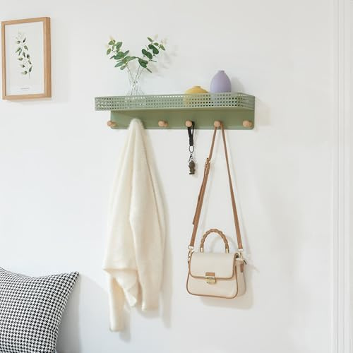 [en.casa] Porte-Manteau Mural avec 6 Crochets Solides Patère pour Vestes Sacs Parapluies Étagère pour Accessoires Entrée Couloir Chambre Métal Bambou 60 x 14 x 12 cm Vert