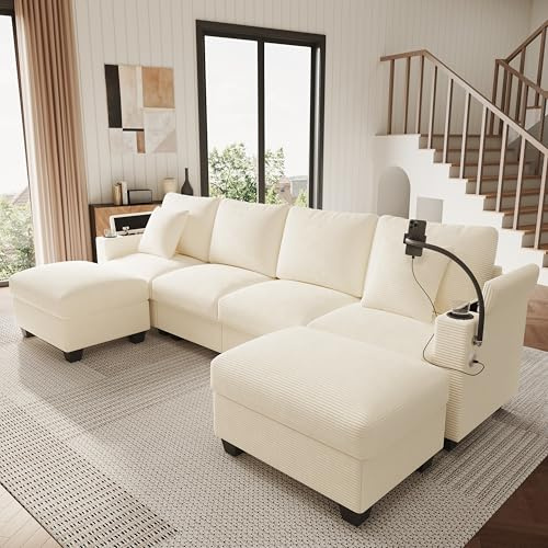 Merax Ecksofa modulares U-förmiges Sofa mit multifunktionalem Fußhocker (L/U-Form), Getränkehalter, verstecktem Stauraum, Handyhalter und USB-Anschluss, Cordsofa für Wohnzimmer/Schlafzimmer, Beige