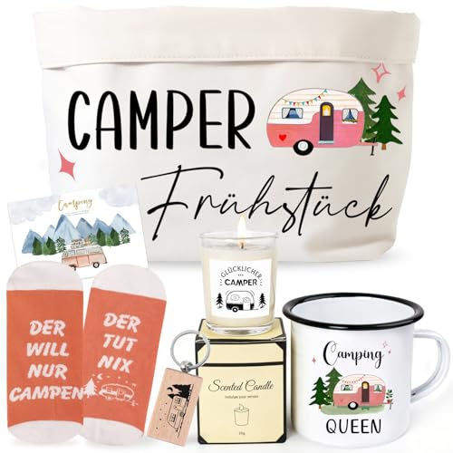 Camper Geschenkeset Frauen, Camping Geschenke Wohnmobil - Camper Frühstück Brotkorb | Tasse | Socken Baumwolle | Duftkerzen | Schlüsselanhänger | Karte