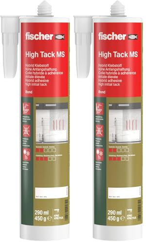 fischer Hybrid-Klebstoff High Tack MS, elastischer Klebstoff mit hoher Anfangshaftung, natursteinverträglich, rückstandslos entfernbar auf glatten Flächen, für Innen- und Außenbereich, 290 ml, weiß