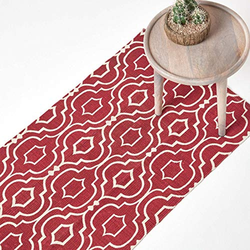 Homescapes Teppichläufer Riga, handgewebt aus 100% Baumwolle, 66 x 200 cm, Baumwollteppich mit geometrischem Muster, rot