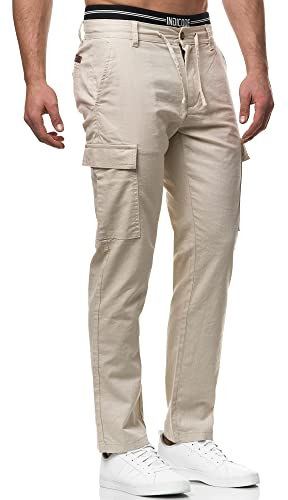 Indicode Herren Leonardo Cargohose aus Leinen & Baumwolle Atmungsaktiv | Atmungsaktive Funktionshose für Büro und Alltag, Herrenhose, Stoffhose, Arbeitshose, Outdoorhose, Freizeithose für Männer