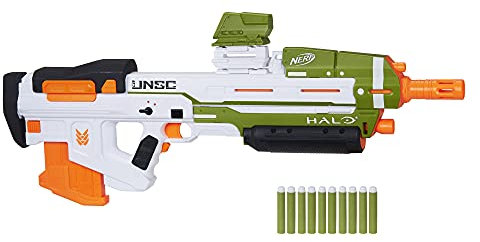 Nerf Halo MA40 motorisierter Dart Blaster – enthält abnehmbares 10-Dart Clip-Magazin, 10 Nerf Elite Darts und ansteckbares Schienenteil