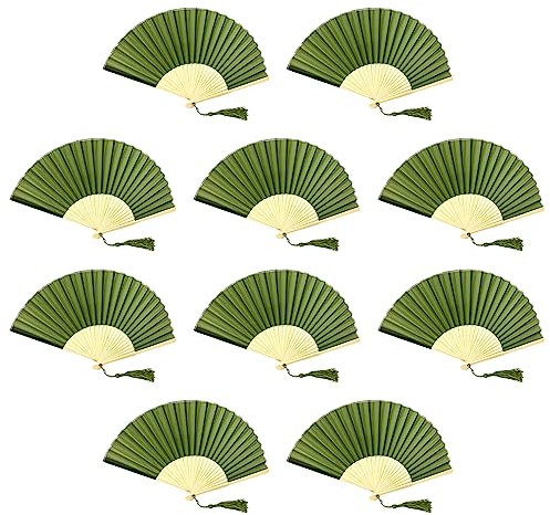 FANSOF.FANS Pack of 10 Fabric Handheld Fan with a Tassel Grade A Bamboo Ribs Party wedding Favour (Moss/Olive Green)