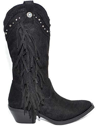 Stivali Donna camperos Texani Nero Scamosciati con Frange Borchiette Western Moda Altezza Polpaccio Style Mexico Cowboy (37 EU)
