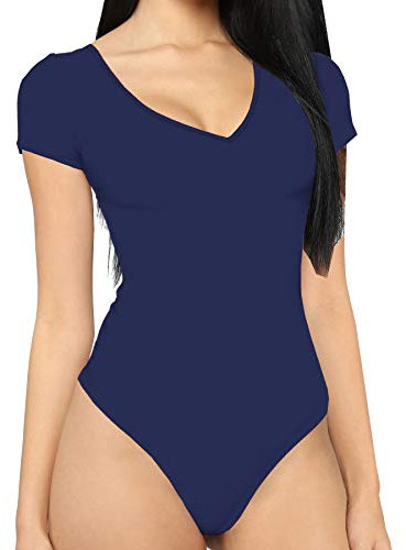 MANGDIUP bodysuit for women Short Sleeve V-Neck Casual Stretchy Basic T Shirt Bodysuit, Navy Blue, Medium
