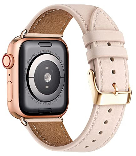 QAZNZ Bracelet en cuir véritable pour Apple Watch Series 6 5 4 3 2 1 38mm 40mm Sable rose/or rose.
