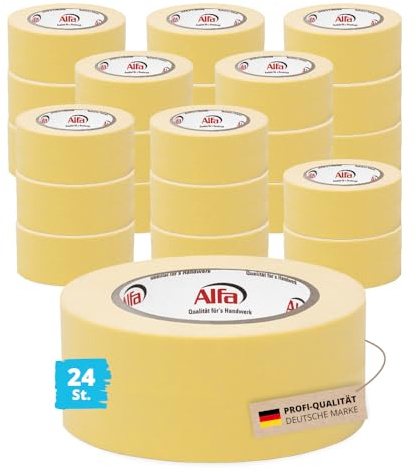 Alfa 24x Feinkrepp EASY 50 mm x 50 m – Malerband zum Streichen (1200 m) | Profi-Qualität - Nässeresistentes Abklebeband für scharfe Kanten, hitzebeständig bis 80 Grad, reißfestes Malerfeinkrepp