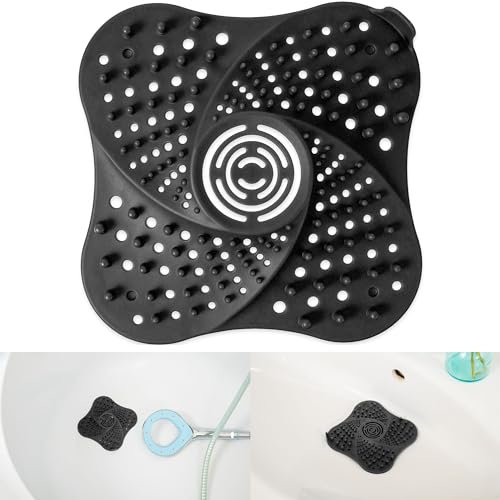 Abflusssieb für Wannenabflüsse, 13 x 13 cm, in Schwarz, aus TPR, für Abflüsse in Küche, Bad, Badewanne, Dusche, Haarsieb Filter, Haarfänger Ablauf Duschwanne, Wanne Siphon Verstopfungen Abflussschutz