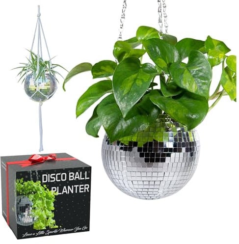 SCANDINORDICA Discokugel blumentopf - Spiegelkugel hängende blumentöpfe, diskokugel Pflanzen, discokugel deko übertopf makramee, Geschenk Freundin | Disco Kugel pflanzentopf – 15 cm Silber