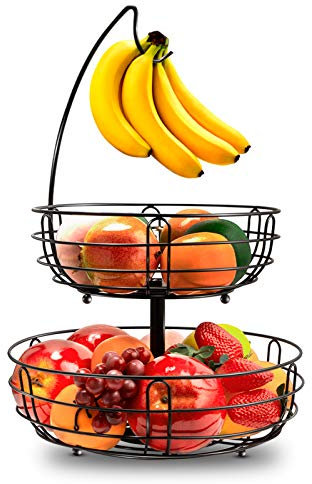 Huahong Cesta de frutas de metal para animales, con soporte para plátano, moderno frutero, cesta de frutas para verduras, cesta de frutas de pie para almacenamiento diario en la cocina, color negro
