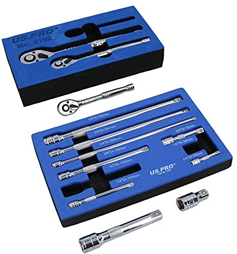 AB Tools-US Pro Ratchet and Socket Extension Bar Set 3 Ratchets 9 Extensions 1/4 3/8 1/2 Mixed