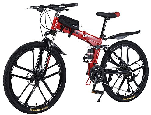 SHTST Mountainbike 26 Zoll Klapprad mit doppelten Stoßdämpfung Kohlenstoffstahl Rahmen mit fahrradtasche - Scheibenbremse fahrräder,Vollgefederte Bikes perfekt für Damen und Herren(Rot)