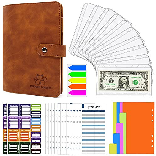 Porte monnaie A6 avec fermeture éclair, Classeur pour budget, Organiseur pour argent liquide, portefeuille, fermeture éclair, compartiments pour les poches, étiquettes de lettres (marron)