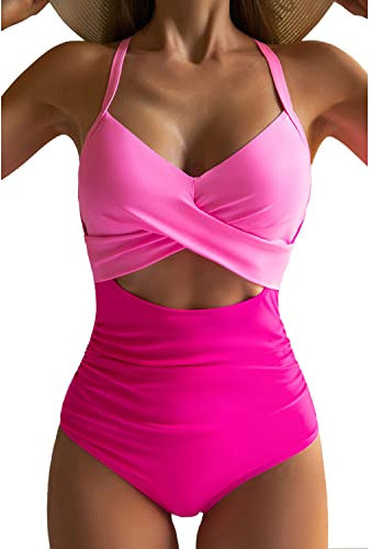 Eomenie Costume Intero da Donna con Scollo a V Profondo e Volant Monokini Costume da Bagno Imbottito, Blocchi di Colore Rosa, 52