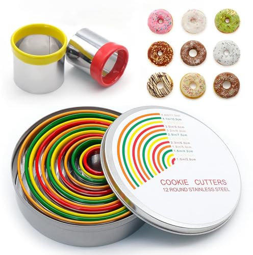 Bakiauli 12 Piezas Cortadores de Galletas Redondos, Colores Molde Galletas con Diferentes Tamaños para DIY Pastel Donut Fondant Sugarcraft Hornear
