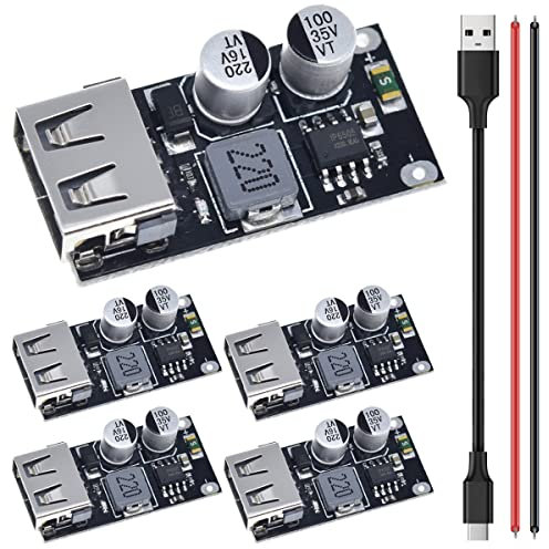 DAOKAI 5 pezzi 6-32V 9V 12V da 24V a 5V 3A Modulo di ricarica rapida USB QC3.0 QC2.0 Convertitore buck DC-DC Scheda a circuito di ricarica rapida step-down con cavo USB, cavo 24AWG