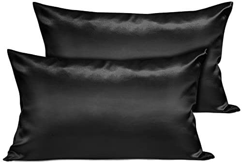 Joyhabit Luxus Satin Seiden Kissenbezug 40x80 cm, Schwarz, 2er Set Superweicher & Glatter Kopfkissenbezug, Hautschützend für Tiefen Schlaf
