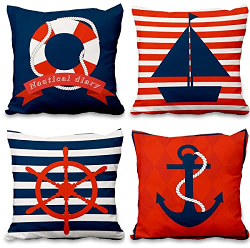 Aoihrraan 41x41cm 4er Set Ozean Dekorativ Kissenbezug Nautisch Anker Segelboot Rettungsring Blau Rot Quadratische Dekokissen Aus Leinen Sommer Couchkissen Für Wohnzimmer Bett Draussen Garten Sofá