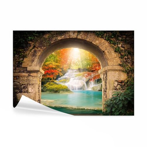 decomonkey Fototapete Wasserfall Fenster mit Aussicht 350x256 cm XXL Design Tapete Fototapeten Tapeten Wandtapete moderne Wand Schlafzimmer Wohnzimmer 3D Effekt Stein Natur Landschaft Sonne Grün