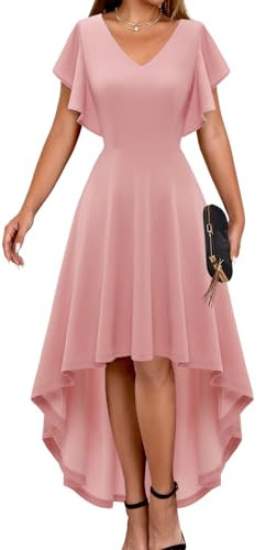 DRESSTELLS Elegant Abendkleid Damen Festlich Hochzeitsgäste Kleid High Low A-Linie Cocktailkleid Rüschen Midikleid Blush M