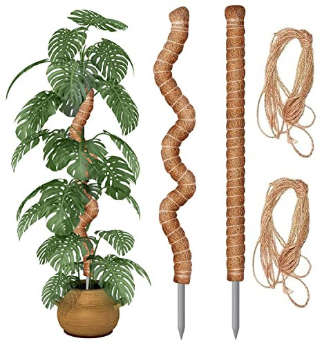REKALRO 2 pièces 90CM bâton de mousse pliable avec 2 pièces de 2M de long corde de chanvre, bâton de noix de coco pour plantes, aides à l'escalade pour plantes grimpantes, support de plantes de jardin