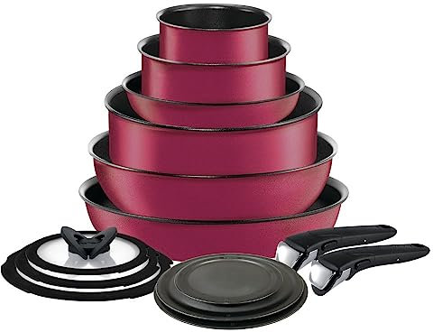 T-fal Ingenio Expertise Non Stick Cookware Set 14 Piece, Induction, Oven Broiler Safe 500F, Cookware, Pots and Pans Set, RV, Camping, Frying Pans, Dishwasher Safe, Detachable/Removable Handle, Pink