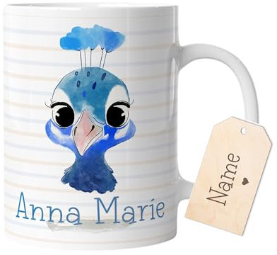 timalo® Tasse Tiere mit Namen personalisiert | Motiv Pfau Kindertasse mit Wunschname für Kinder Geschenk zur Einschulung, Weihnachten, Nikolaus | mug-t-48