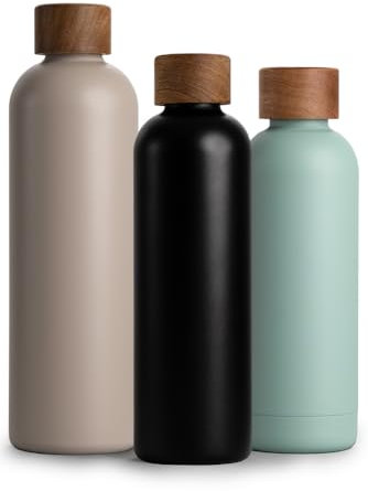 T&N Bouteille Isotherme d’eau 750ml en acier inoxydable avec bouchon en bois d'acacia, Gourde Inox 0,75l, conserve le froid à 29h, la chaleur 14h, étanche pour boissons gazeuses